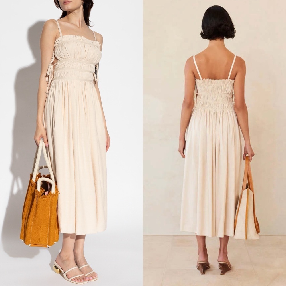 Cult Gaia Lola Linen Smocked Midi Dress Gardenia Ivory Small EUC